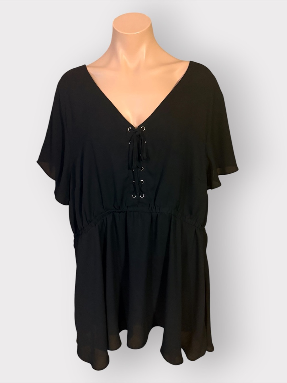 ⁠Torrid 3X Black Chiffon Babydoll Tunic Top Lace Up V-Neck Flutter Sleeve